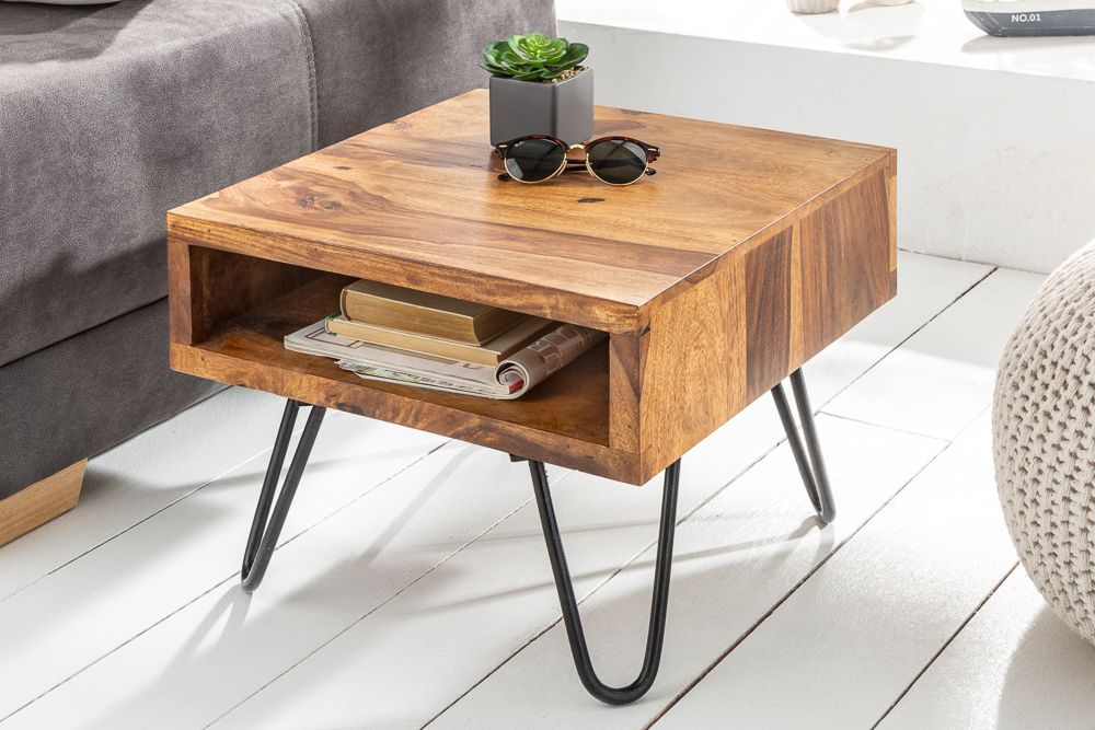 Massivholz Beistelltisch SCORPION 45cm braun Sheesham stone finish Hairpin Legs Stauraum