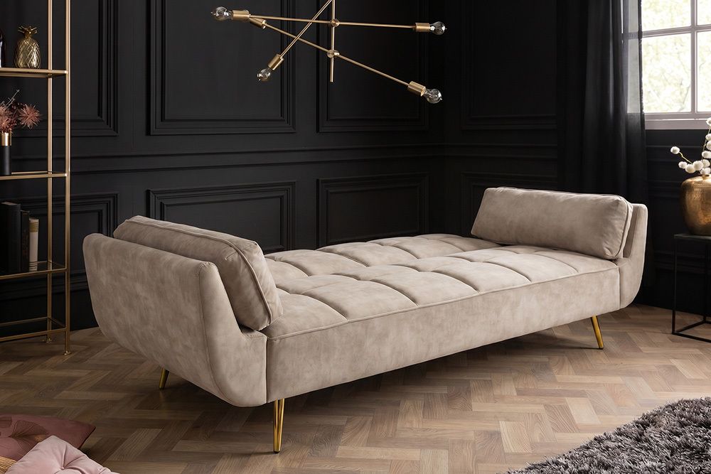 Retro Schlafsofa BOUTIQUE 215cm champagner beige Samt 3-Sitzer mit goldenen Füßen