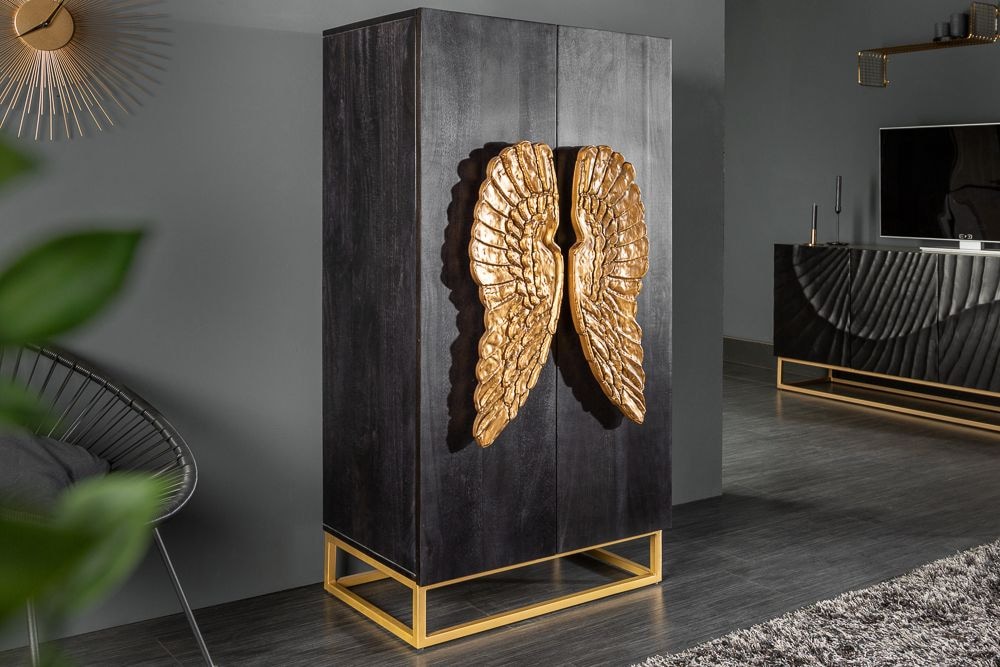 Extravagantes Highboard ANGEL 140cm schwarz Mangoholz mit goldenen Flügeln