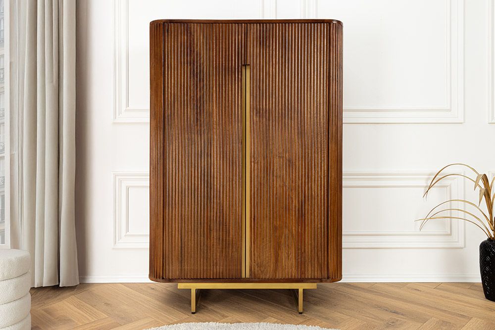 Massiver Barschrank GATSBY 140cm braun Mangoholz gold Metallgestell Retro