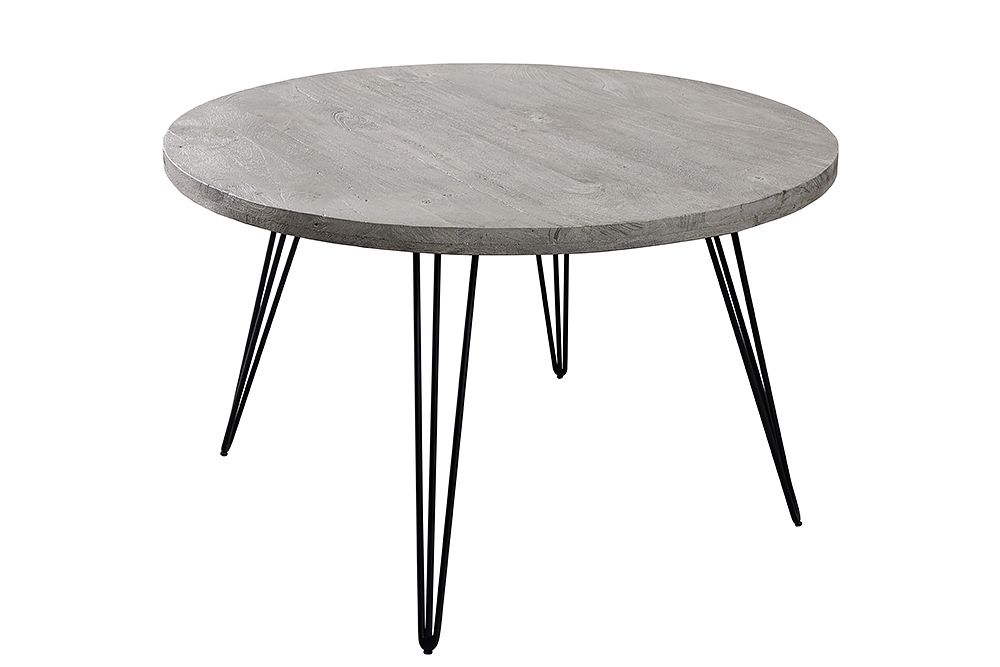 Runder Esstisch SCORPION 80cm grau Mangoholz massiv schwarze Metallbeine Hairpin Legs