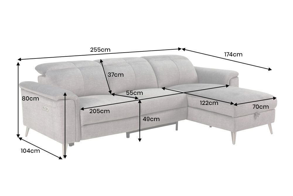 3-Sitzer Sofa IMPERIA 255cm grau Vogue Seiden Samtstoff elektrische Fußstütze