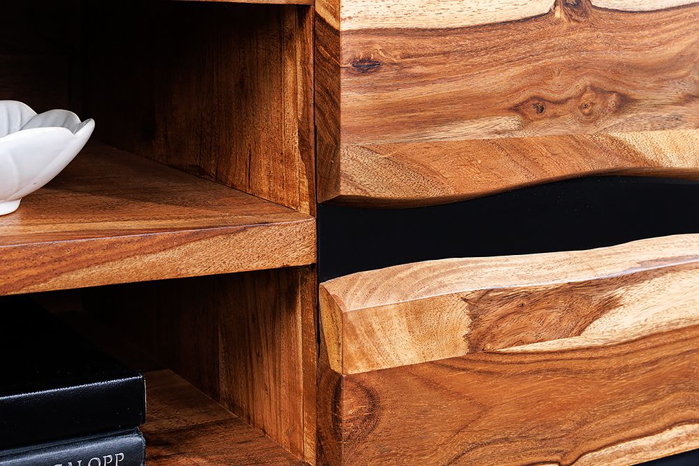 Hängendes TV-Lowboard AMAZONAS 160cm braun Sheesham Massivholz Baumkante Metall schwarz