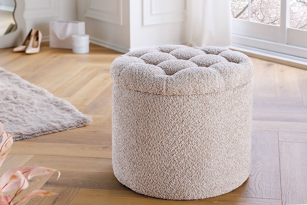 Runder Hocker MODERN BAROCK 50cm champagner Bouclé mit Stauraum