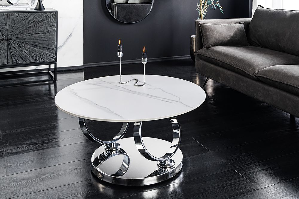 Design Couchtisch DANCING RINGS weiß rund drehbar Marmor Keramik Chrome Gestell
