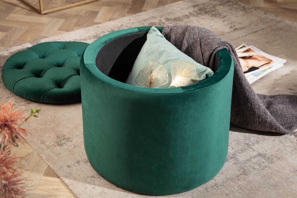 Eleganter Hocker MODERN BAROCK 50cm dunkelgrün Samt Aufbewahrungkorb