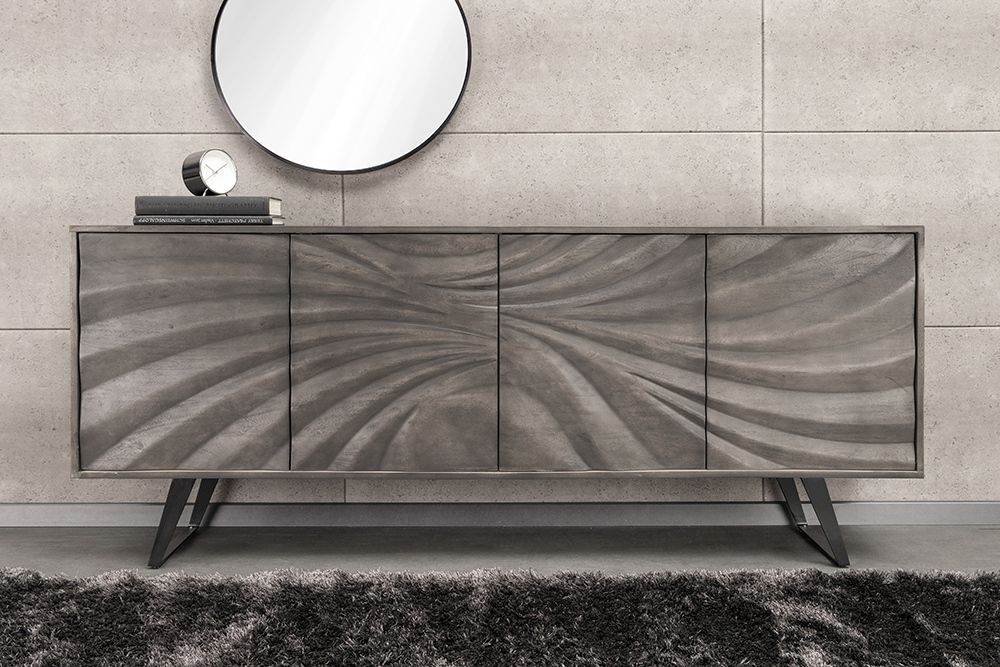 Massivholz Sideboard HURRICANE 175cm grau Akazie 3D-Design