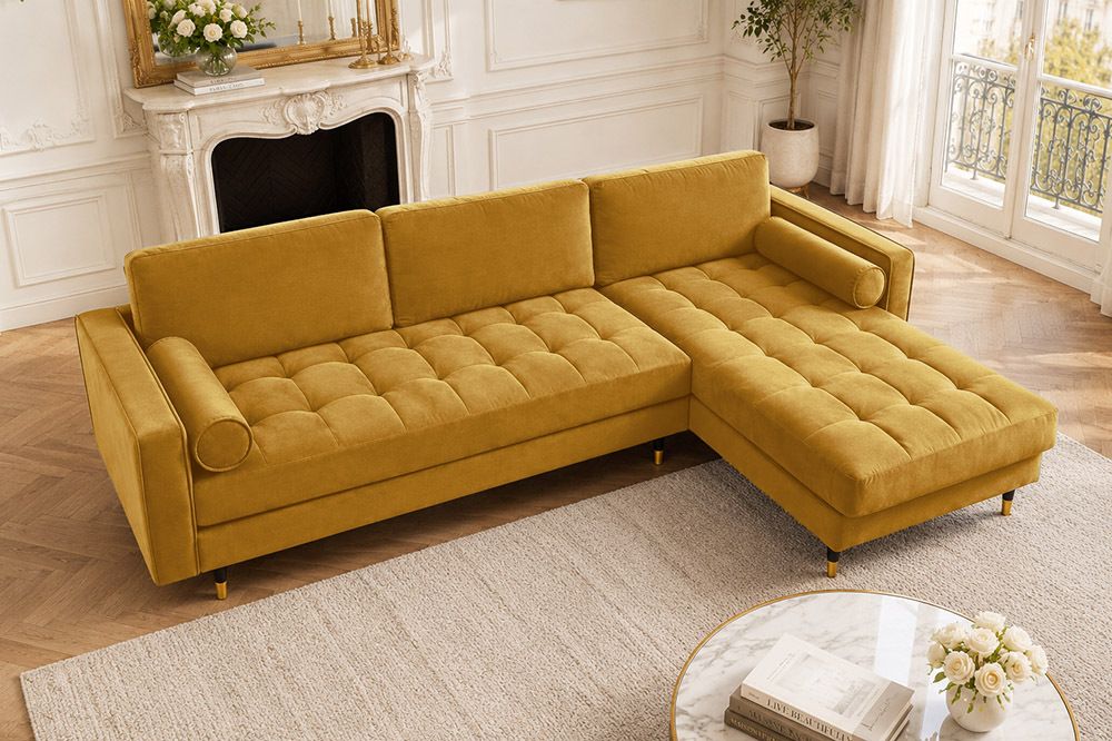 Elegantes Ecksofa COZY VELVET 260cm senfgelb Samt Federkern 3-Sitzer
