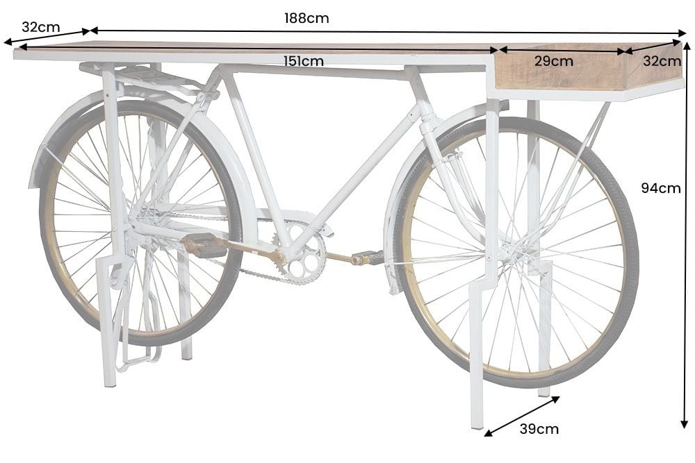Retro Konsolentisch BICYCLE 190cm salbei natur Mangoholz Fahrrad Bartisch Upcycling
