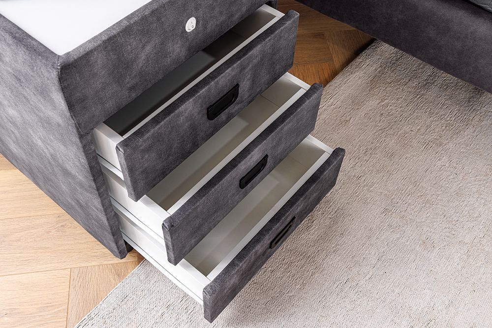 Quadratischer Nachttisch PARIS 55cm grau Samt inkl. Beleuchtung und Schubladen