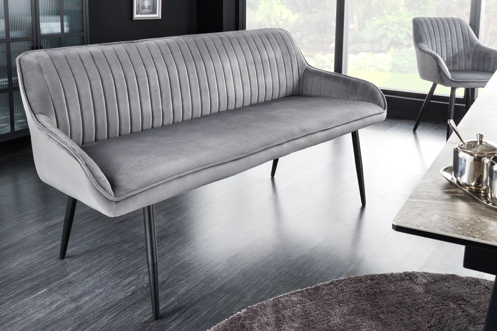 Design Sitzbank TURIN 160cm silbergrau Samt schwarz Metall Armlehne