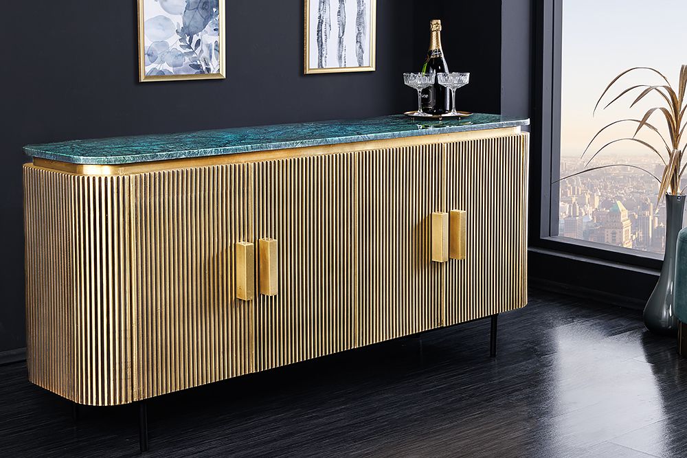 Design Sideboard VENEZIANO 160cm messing grün Marmorplatte Mangoholz Retro