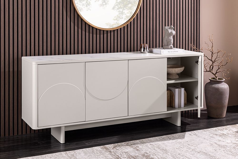 Design Sideboard SAVOY 180cm kaschmir weiß Marmor Keramik mit Stauraum und 3D-Front