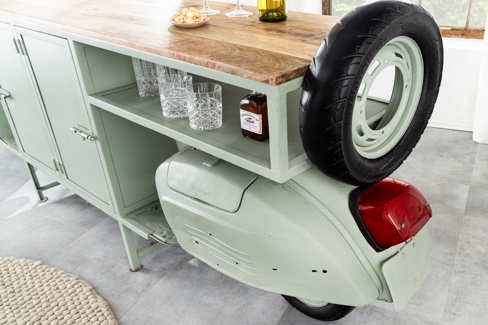 Extravaganter Barschrank SCOOTER 250cm salbei Retro-Konsole Motorroller mit Mangoholz Upcycling