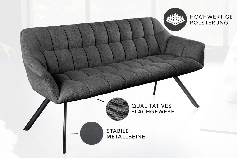 Esszimmer Sitzbank PAPILLON 165cm anthrazit Flachgewebe mit Lehnen schwarzes Metallgestell