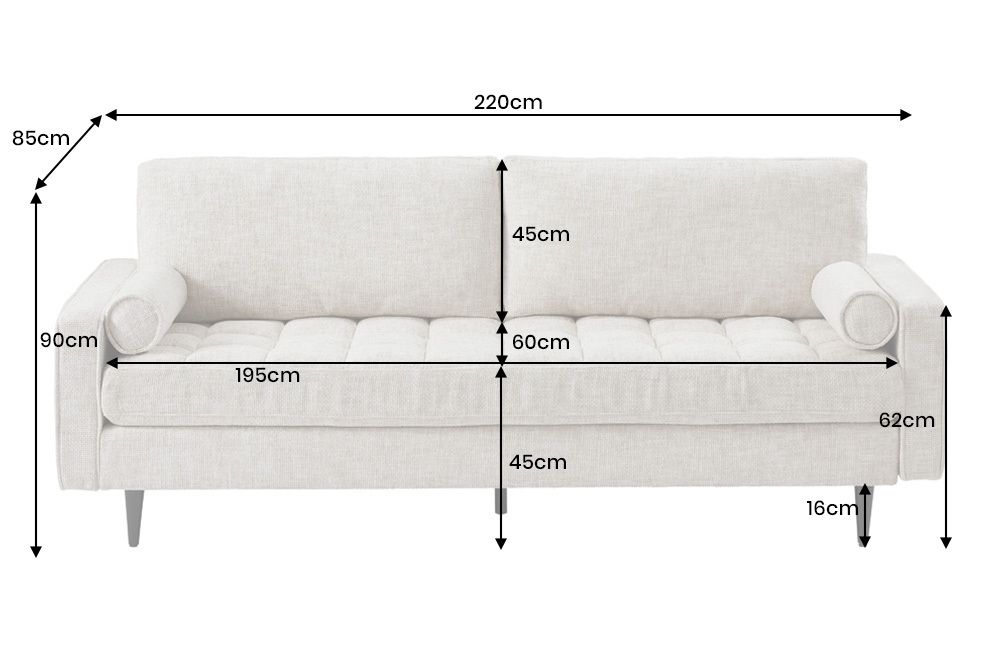 Design Sofa COZY VELVET 220cm beige Chenille Federkern 3-Sitzer mit goldener Kappe