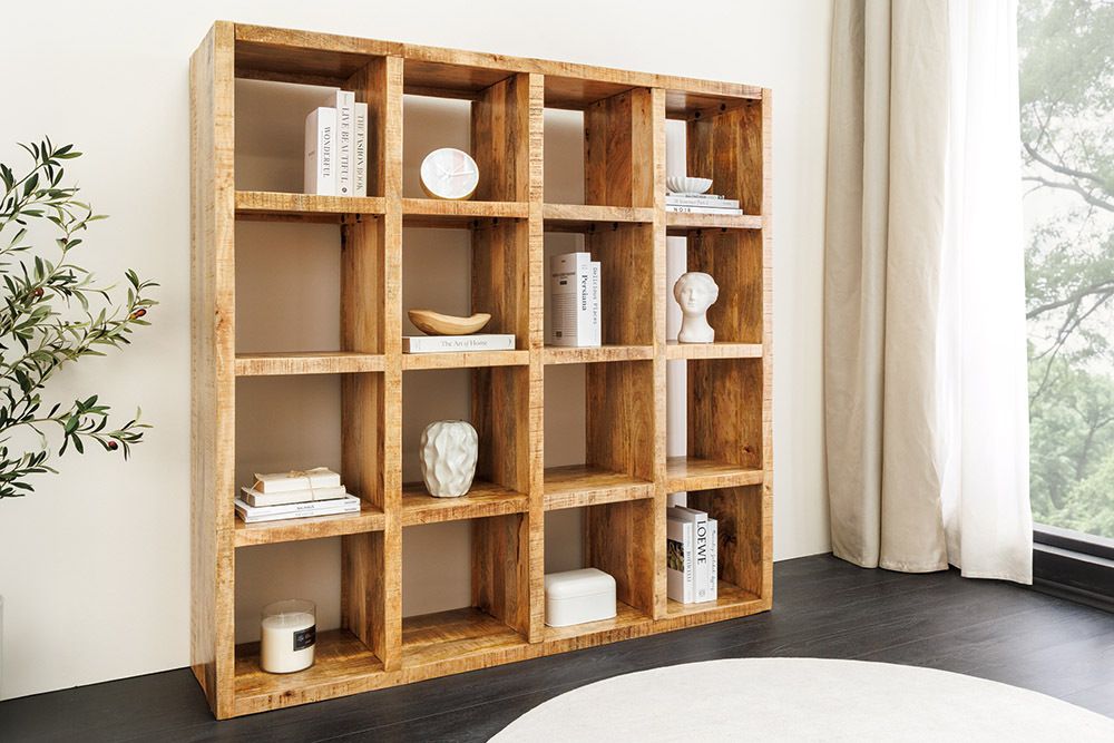 Massives Regal IRON CRAFT 160cm natur Mangoholz Bücherregal sechzehn Fächer