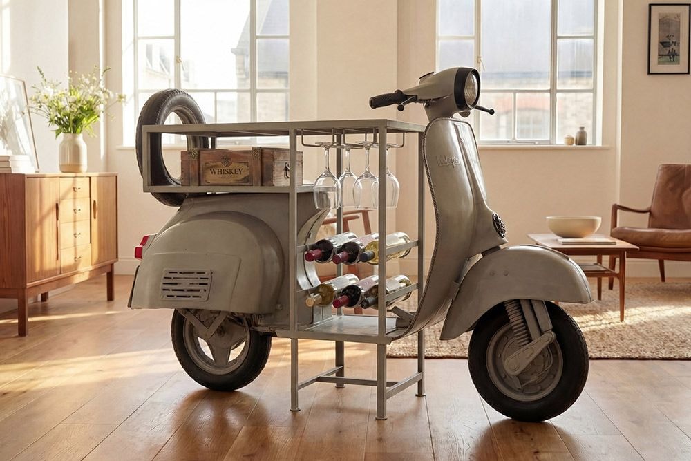 Extravaganter Bartisch SCOOTER 180cm salbei Retro-Konsole Motorroller Mangoholz Upcycling
