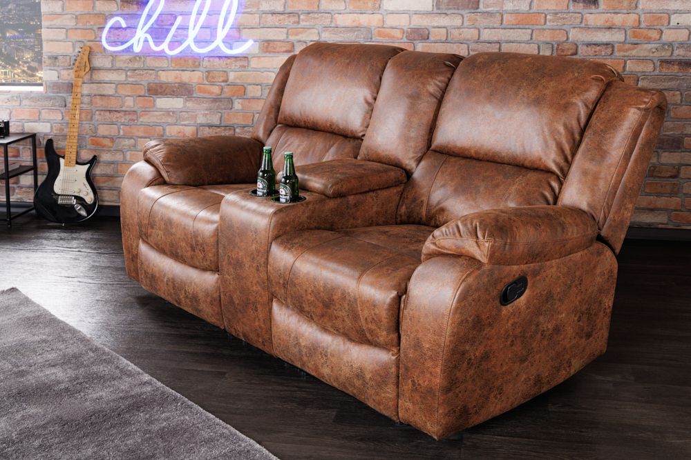 Exklusiver 2er Kinosessel HOLLYWOOD antik braun mit Liegefunktion und Getränkehalter