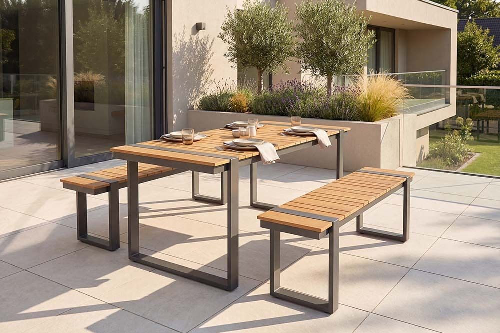 Wetterfester Gartentisch TAMPA LOUNGE 125cm grau natur Aluminium Metall Holz-Design Outdoor