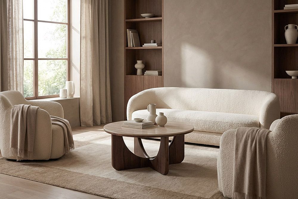 Runder Couchtisch ENSO 80cm champagner greige Travertin Keramik Walnussholz