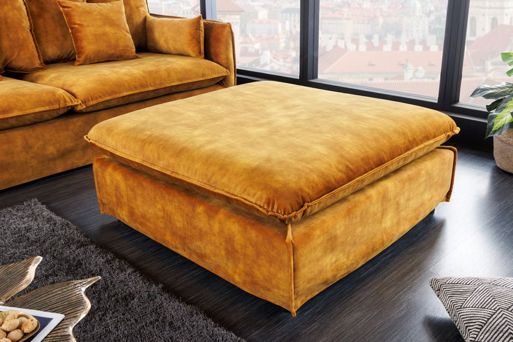 Großer Hussenhocker HEAVEN 100cm senfgelb Samt Landhausstil Sofahocker waschbarer Bezug