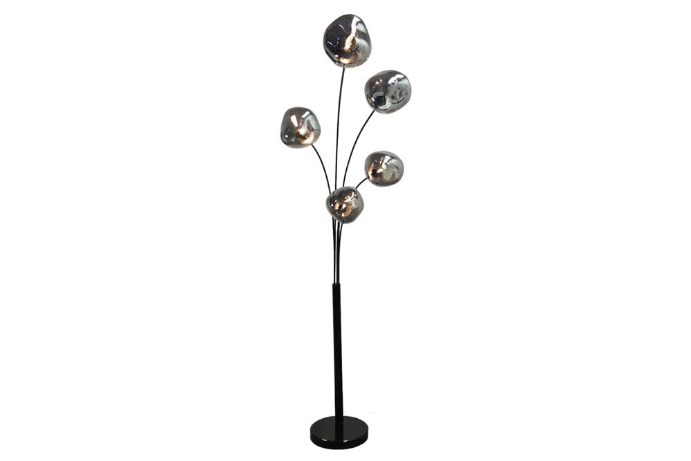 Design Stehlampe LIQUID DIAMOND 200cm schwarz smoke grau fünf Glasschirme mit Marmorfuß