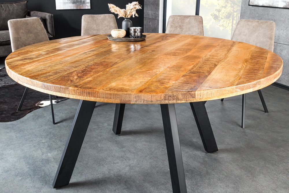 Massiver Esstisch IRON CRAFT 140cm natur rund Mangoholz Metall Industrial Design