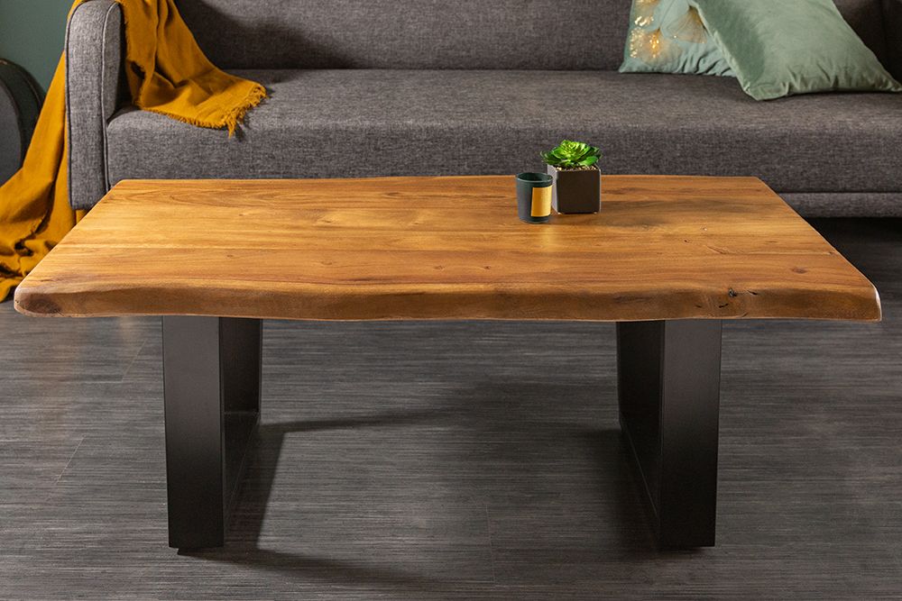 Massivholz Baumstamm Couchtisch MAMMUT 110cm Akazie schwarzes Metallgestell 3,5cm Tischplatte