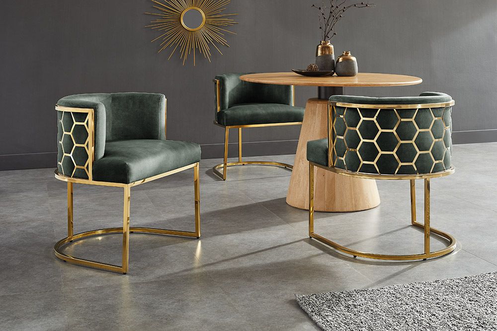 Stilvoller Stuhl ELEGANCE grün Samt gold Edelstahl mit Armlehne