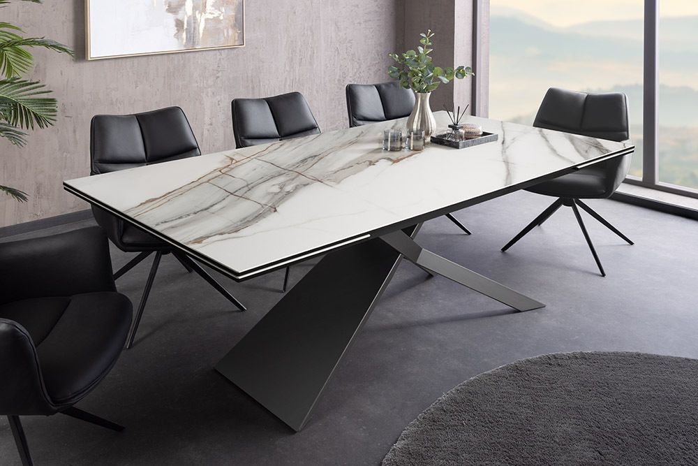 Ausziehbarer Esstisch EUPHORIA 180-220-260cm weiß Carrara Oro Keramik schwarz Metall