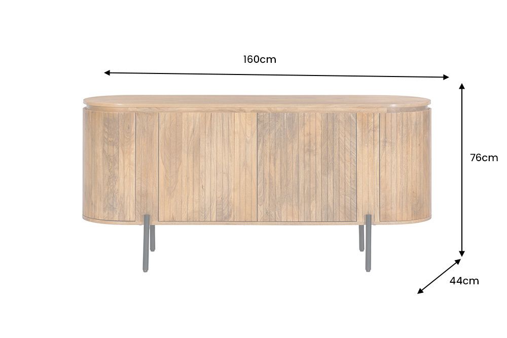 Massives Sideboard GATSBY 160cm natur Mangoholz schwarz Metall mit Lamellenfront