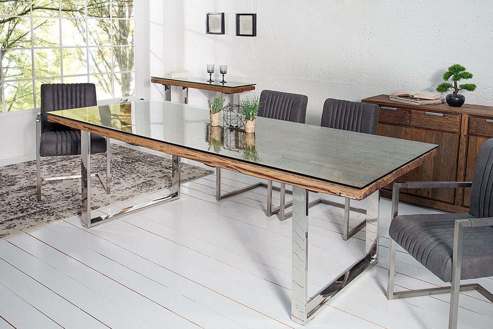 Massive Konsole BARRACUDA 120cm Teak mit Stahl Kufenfüßen inkl. Glasplatte