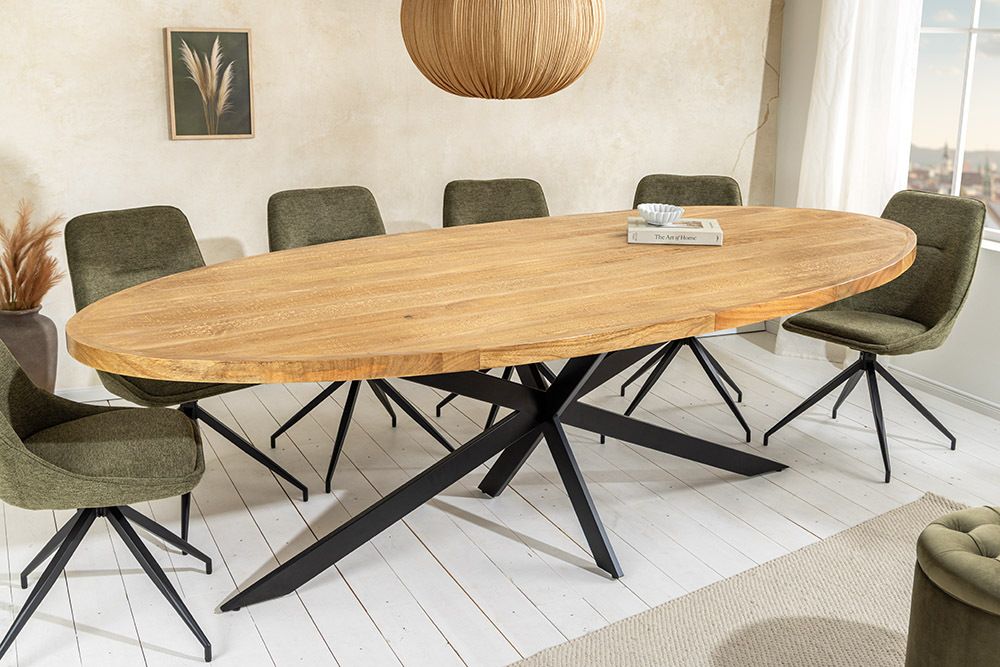 Massiver Esstisch GALAXIE 240cm braun Mangoholz oval schwarz Eisen Sterngestell