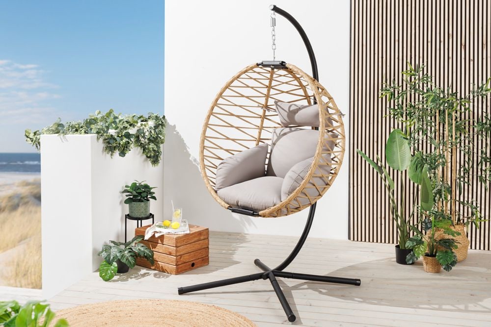 In- und Outdoor Hängesessel IBIZA natur beige Rattan mit Gestell wetterfest inkl. Kissen