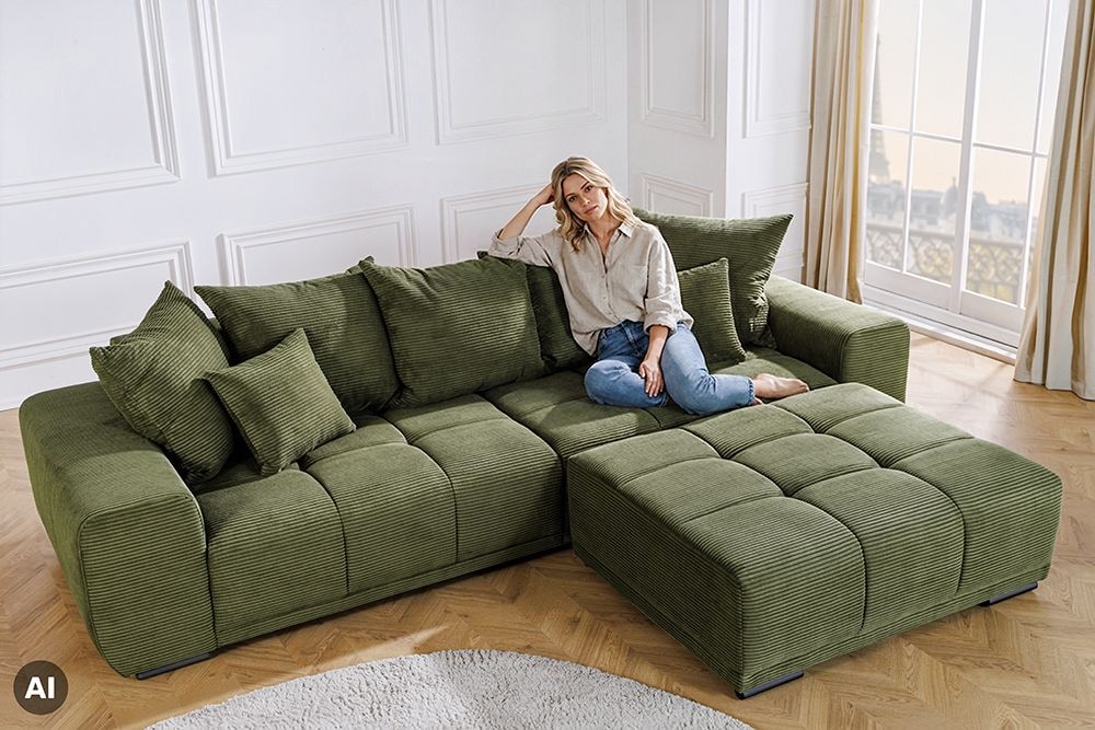 Modernes XXL Sofa ELEGANCIA 285cm grün Cord Federkern inklusive Kissen Bigsofa