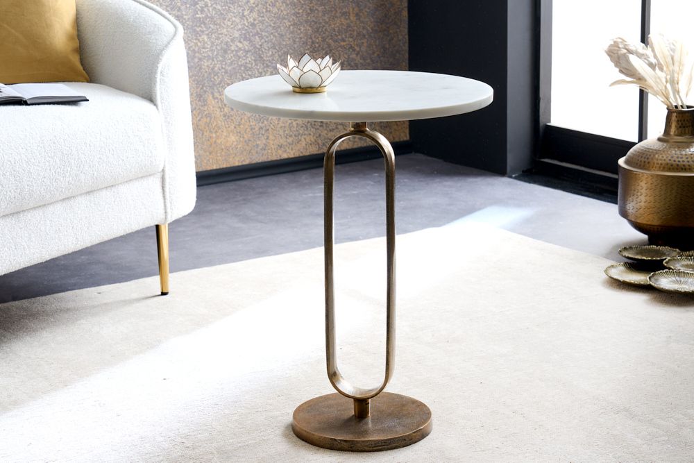 Runder Beistelltisch ELEGANCE 60cm weiß gold antik Marmor Metall Aluminium handmade