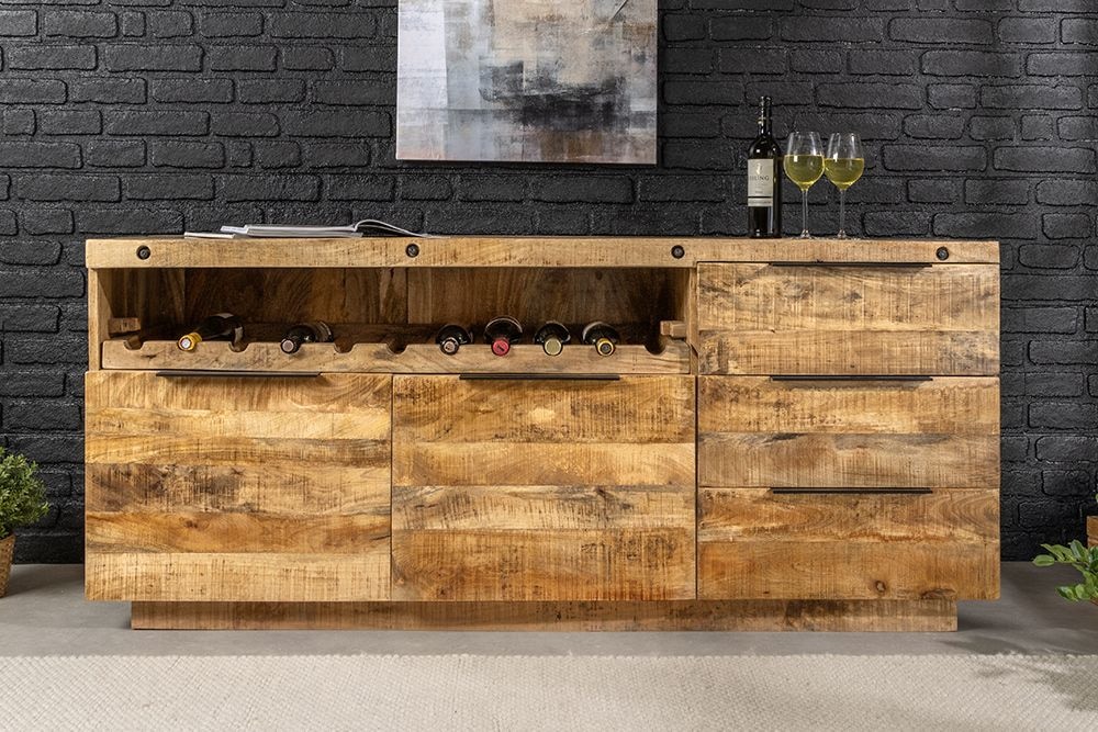 Massives Sideboard IRON CRAFT 175cm natur Mangoholz mit Schubladen Weinregal