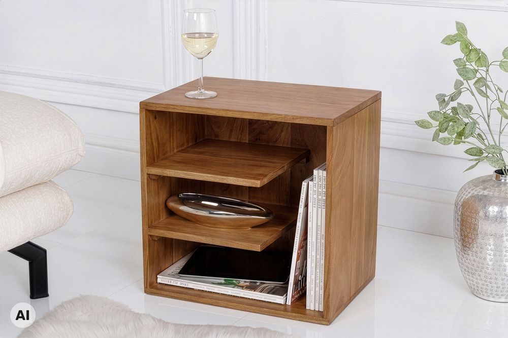 Massiver Beistelltisch CUBUS 45cm braun Mangoholz honey finish Regal Nachttisch