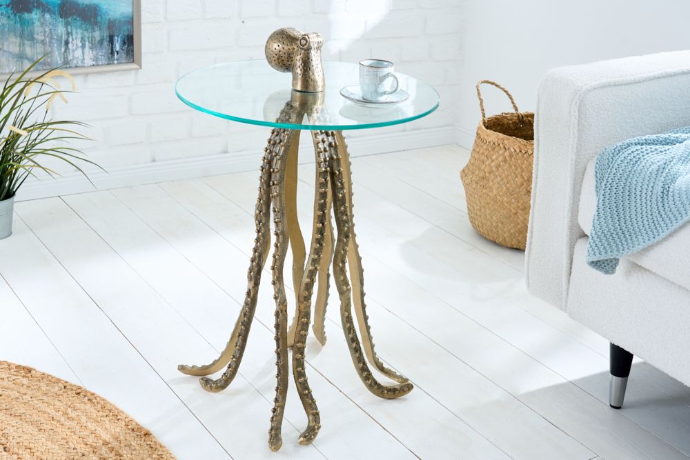 Runder Beistelltisch WILDLIFE OCTOPUS 70cm messing gold Metall Glas Skulptur handmade