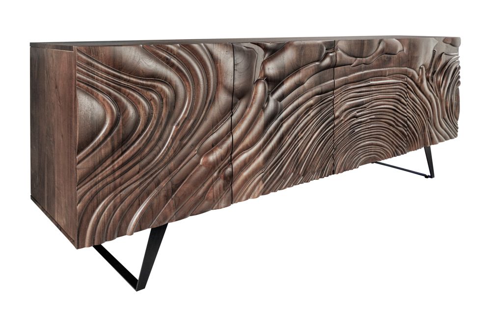 Massives Sideboard FLUID 175cm braun Mangoholz 3D-Design Kufengestell