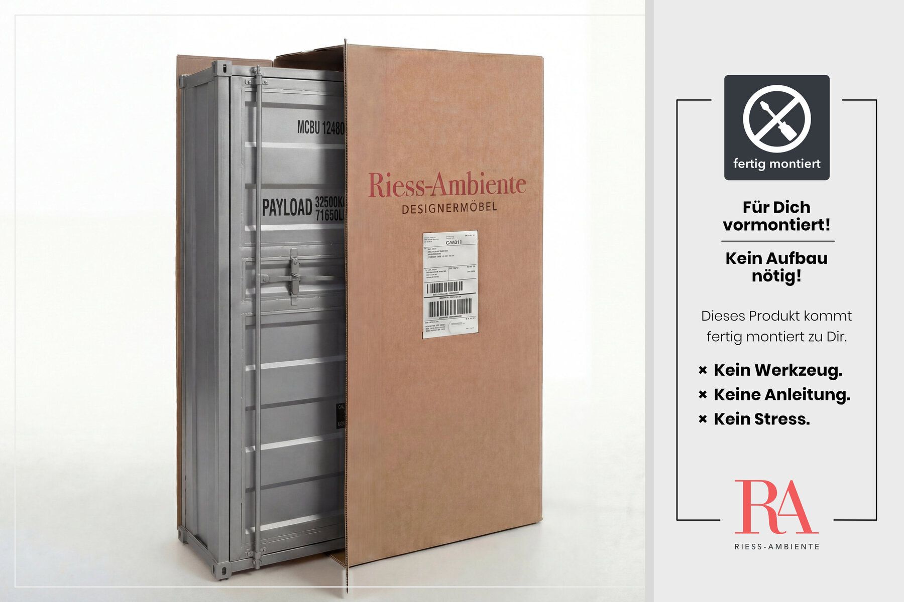 Design Aktenschrank GLOBETROTTER 180cm grau Eisen Container Upcycling Highboard