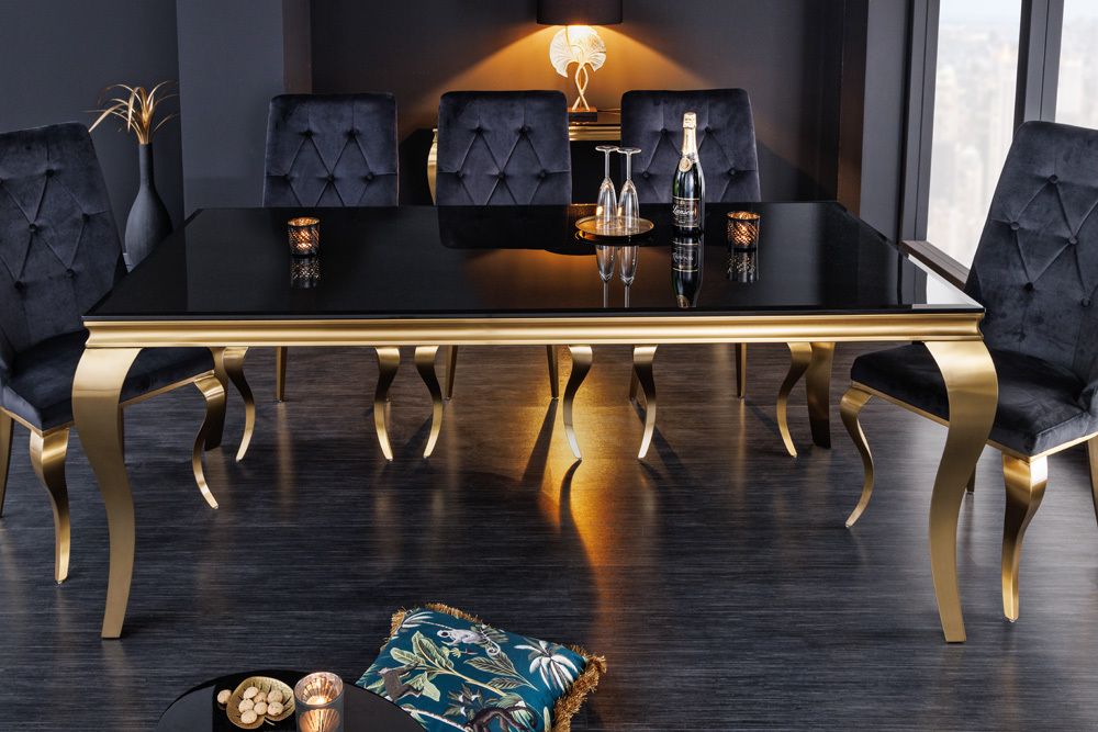Eleganter Design Esstisch MODERN BAROCK 200cm schwarz gold Edelstahl Opalglas Tischplatte
