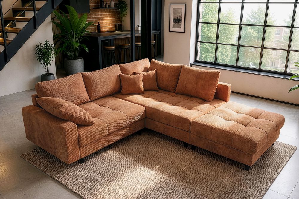 Modernes Ecksofa KENT 220cm rostbraun Chenille inkl. Hocker Federkern Wohnlandschaft