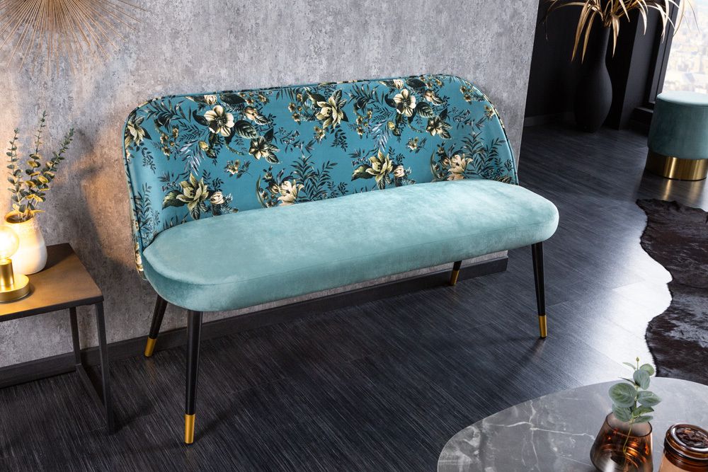 Design Bank PRÊT-À-PORTER türkis Samt florales Muster und goldene Fußkappen