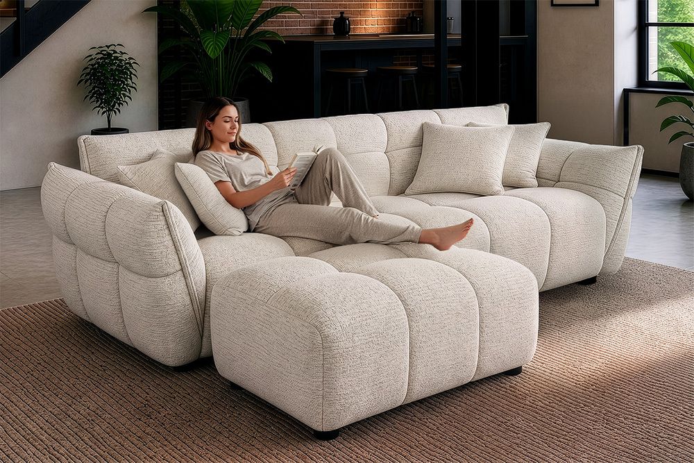 XXL Sofa CLOUD 260cm beige Bouclé Tweed Soft Bigsofa Federkern inkl. Kissen