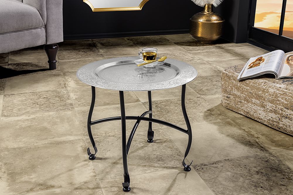 Runder Beistelltisch MARRAKESCH 40cm silber Teetisch abnehmbares Tablett klappbar