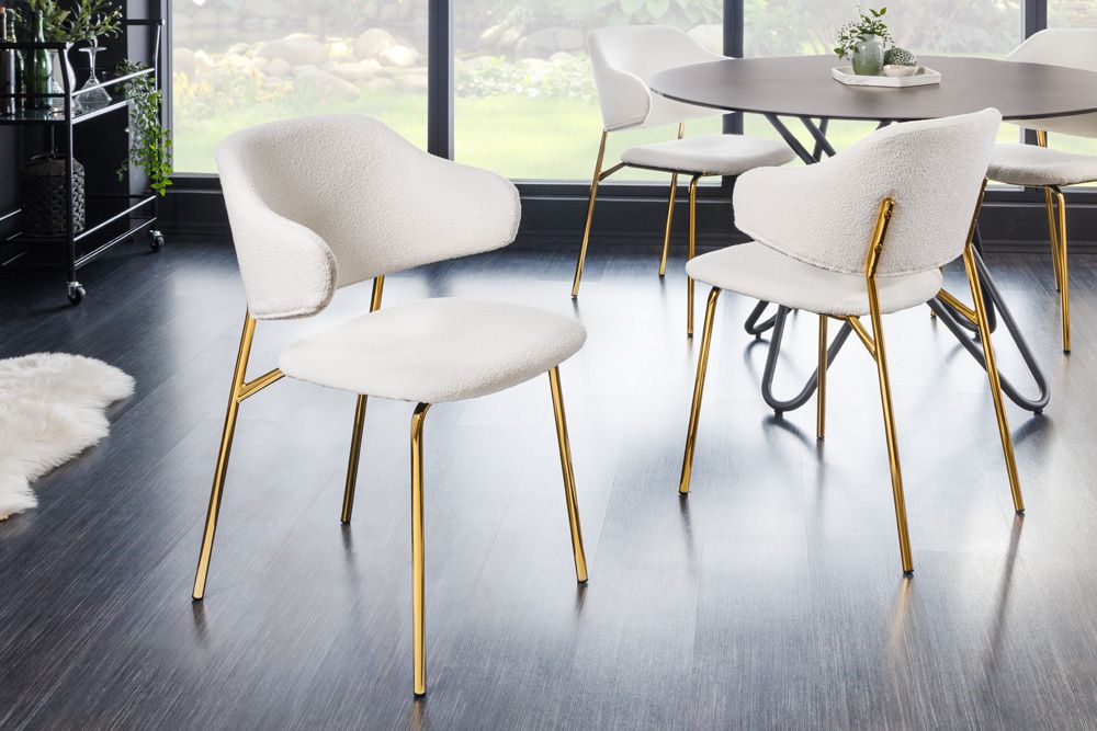 Design Stuhl VOGUE weiß Bouclé goldene Metallbeine