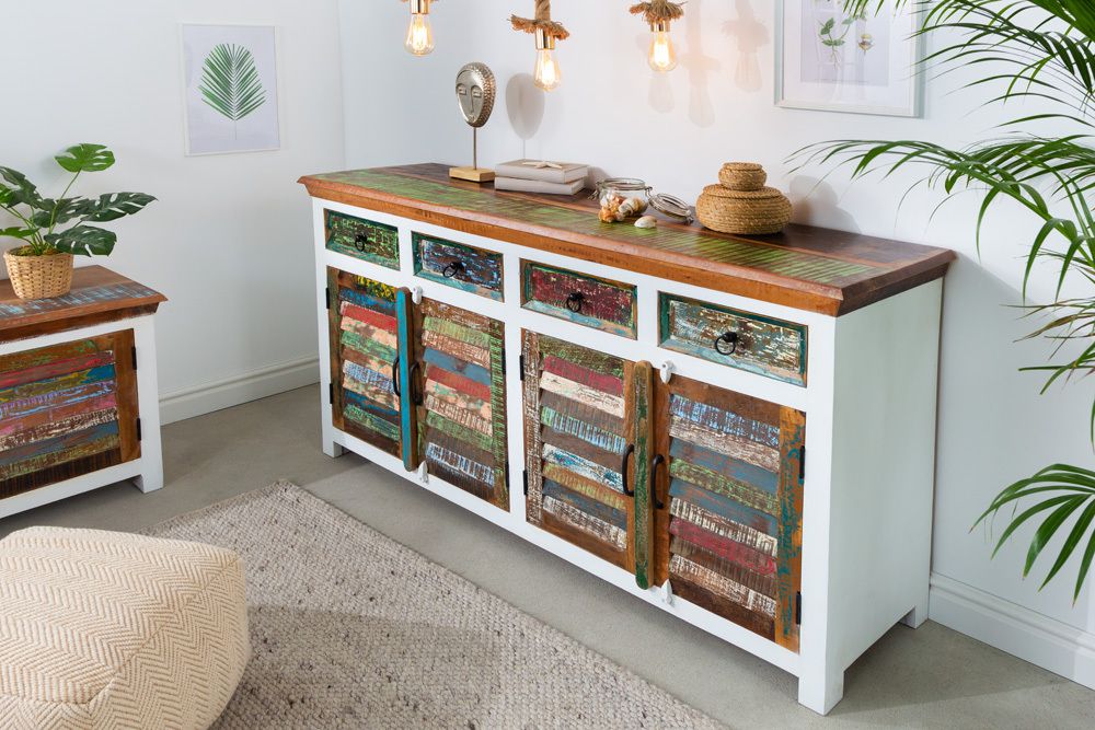Einzigartiges Sideboard JAKARTA 160cm weiß bunt recyceltes Massivholz aus Fischerbooten
