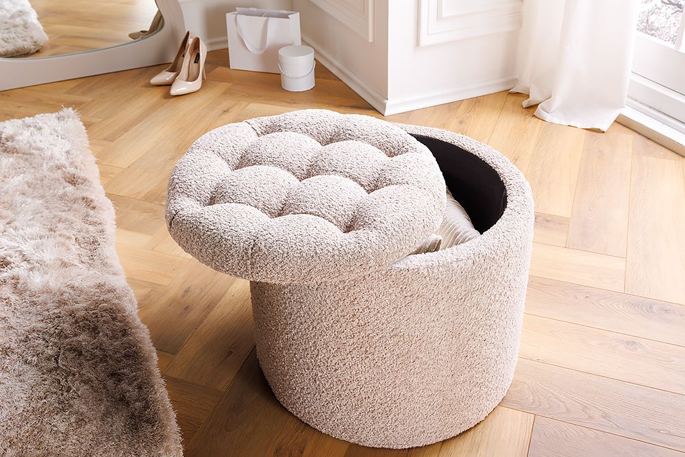 Runder Hocker MODERN BAROCK 50cm champagner Bouclé mit Stauraum
